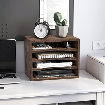 Snughome Vintage Wood File Organizer Desktop, 13.4’’ Document Letter Mail Tray Sorter with 3 Adjustable Shelves, Wooden Desktop Paper File Sorter Holder for School Home Office Supplies