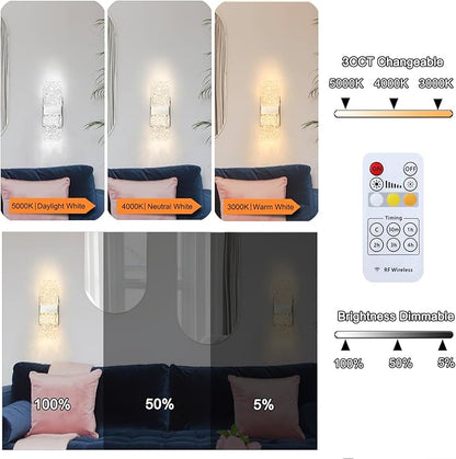 Modern Brushed Nickel Battery Operated Wall Sconces Set of 2, Rechargeable LED Wall Lights with Acrylic Shade, Wireless Bedroom/Living Room Art Light Fixtures