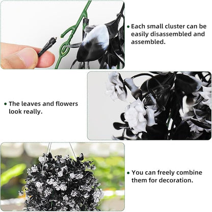 RECUTMS Realistic Artificial Black Hanging Plants Pack of 2 Faux Black Hanging Plant Outdoor Indoor with Lights LED Fairy String Rose Fake Hanging Flwers Decor for Office House (Black and White)