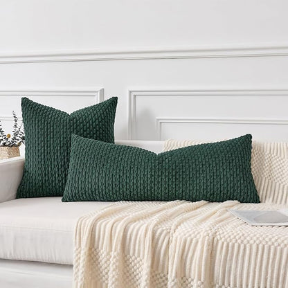 Kevin Textile 14x36 Inch Long Lumbar 1 Pack Boho Christmas Decorative Throw Pillow Cover Soft Striped Corduroy Rectangle Cushion Case Farmhouse Color Accent for Living Room Couch Sofa Bed, Army Green