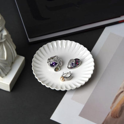 Ceramic Jewelry Dish, Decorative Tray for Rings Earrings Necklaces Bracelet Watch Keys, 4.50" Trinket Tray as Gifts for Women (White Wave)