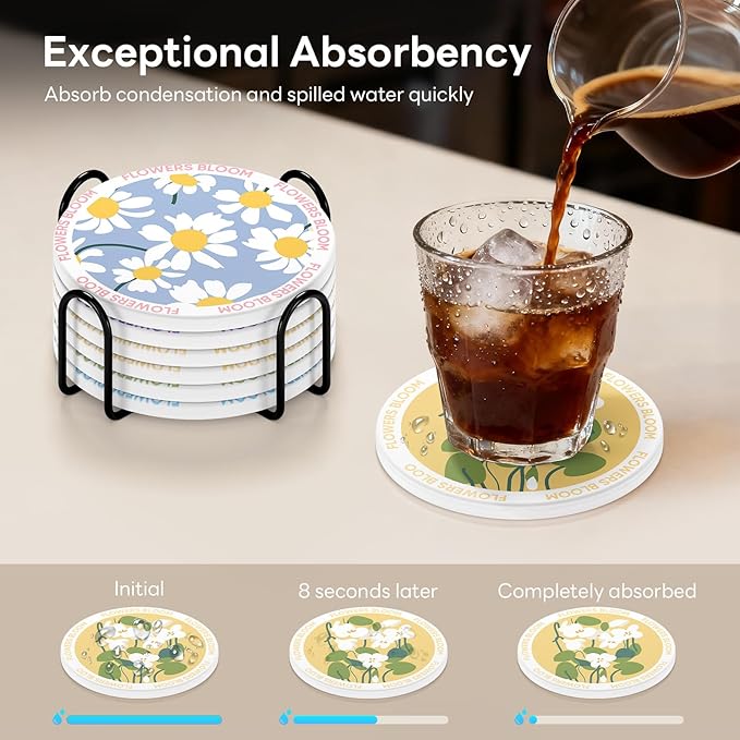 6-Piece Ceramic Coaster Set with Tray Diameter: 3.94 in Thickened Absorbent Material Heat-Resistant and Water-Absorbent Coaster Set Suitable for All Types of Cups， Flowers