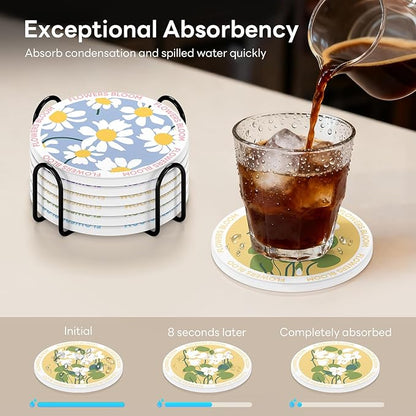 6-Piece Ceramic Coaster Set with Tray Diameter: 3.94 in Thickened Absorbent Material Heat-Resistant and Water-Absorbent Coaster Set Suitable for All Types of Cups， Flowers