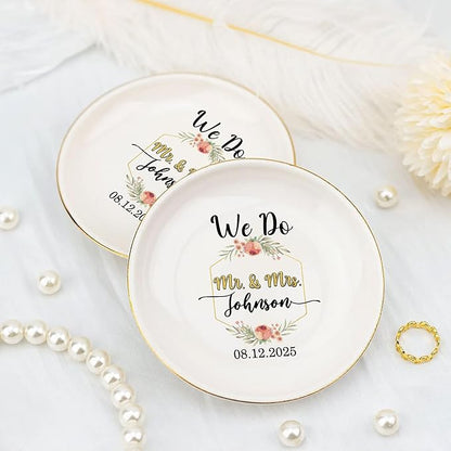 Custom Couple Jewelry Dish Engagement Gifts for Bride and Groom, Personalized Wedding Ring Holder, Mr and Mrs Ceramic Tray, Newlywed Trinket Plate, Gift for Wife Husband Anniversary