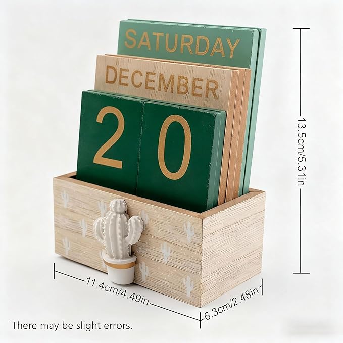 Fresh Cactus Decorated Wooden Calendar (Approximately 4.49 * 2.48 * 5.3 inches) Retro Block Shaped Calendar Desktop Decoration, Suitable for Various Scenarios such as Home and Office Holiday Gifts(Green)