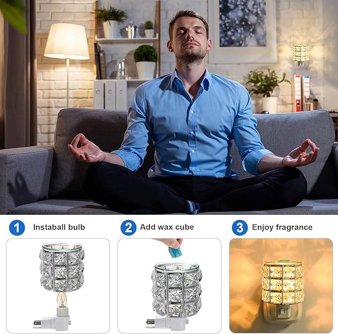 KUPOO Plug-in Wax Warmer,Crystal Wax Melt Warmer Electric Home Fragrance Warmer for Essential Oils Candle Wax Tarts and Melts,Scent Warmer Night Light (Silver Crystal)