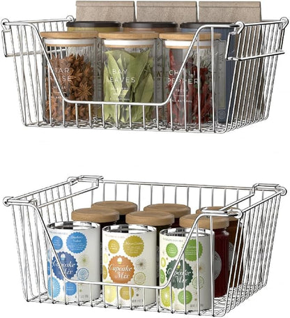 Slideep Large Stackable Storage Baskets Cabinet Organizer Sturdy Metal Wire Pantry Freezer Bin for Pantry Home Bathroom Kitchen Organization 4 Packs