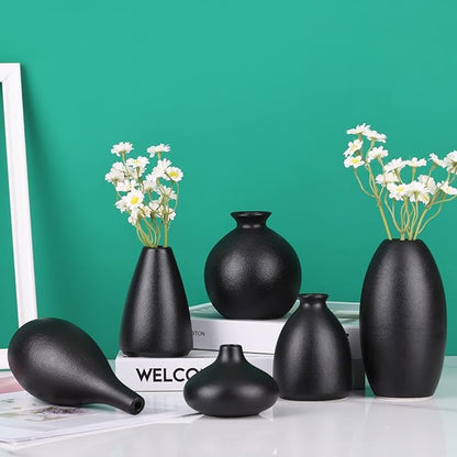 Set of 6 Matte Black Small Vases for Flowers, Ceramic Bud Vase Bulk Boho Centerpieces for Tables, Mini Short Vase Modern Bulk Wedding Centerpieces Ikebana Vases for Bridal Shower/House Warming Gift