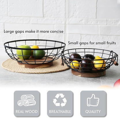 Fruit Basket,black Wire Basket with Acacia Wood Base,large Fruit Bowl for Countertop,black Baskets for Fruits, Breads, Vegetables Storage. (12-inch)