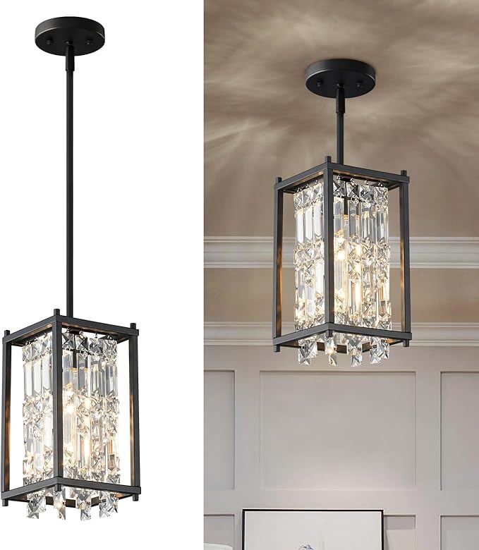 LMQNINE Modern Black Pendant Light Fixtures for Kitchen Island, Crystal Chandelier Lights Fixture, Adjustable Farmhouse Pendant Lighting for Dining Room Bedroom (Square 1-Light)