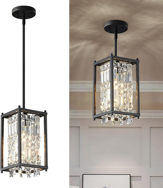 LMQNINE Modern Black Pendant Light Fixtures for Kitchen Island, Crystal Chandelier Lights Fixture, Adjustable Farmhouse Pendant Lighting for Dining Room Bedroom (Square 1-Light)