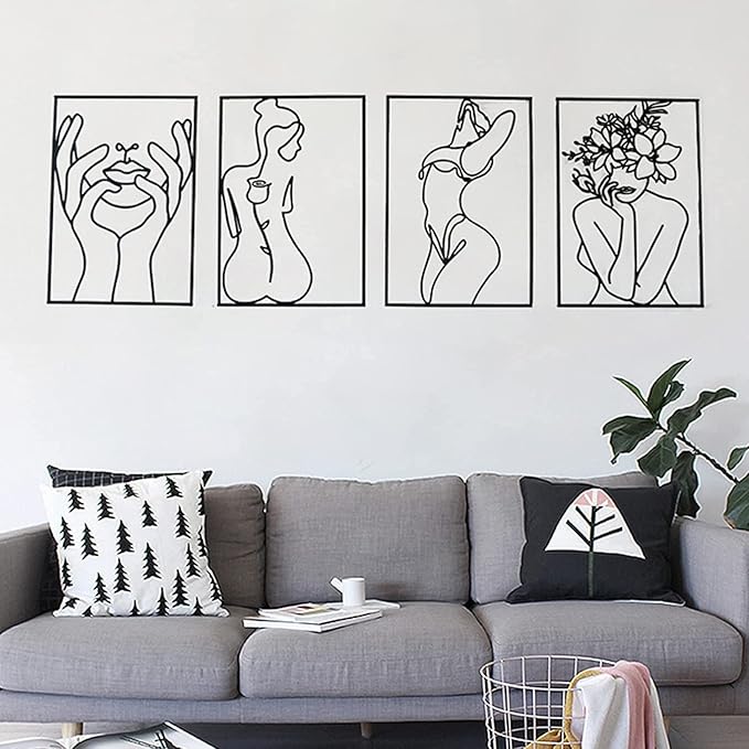 Glamativity Large 4 Pack Black Wall Art, Minimalist Single Line Art, Real Metal Wall Art, Woman's Body Shape Abstract Art (Black Classic Style, L Size 22.5 x 15.7'')