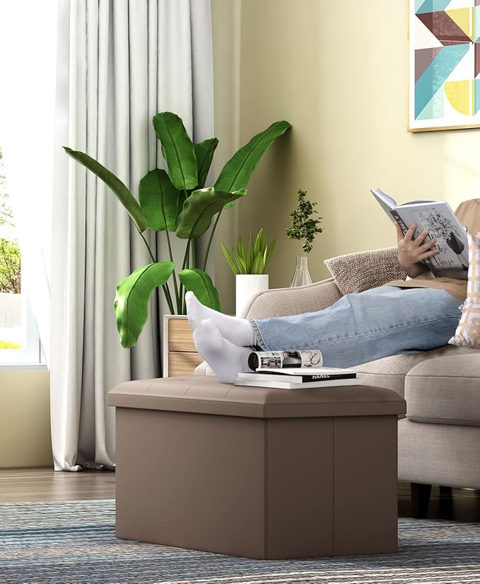 Folding Storage Ottoman Bench, Multi-Functional Ottoman Foot Rest, End of Bed Bench, Storage Chest for Living Room, Bedroom, Hallway, Entryway, Holds Up to 600 lbs (Brown, 30 Inches)