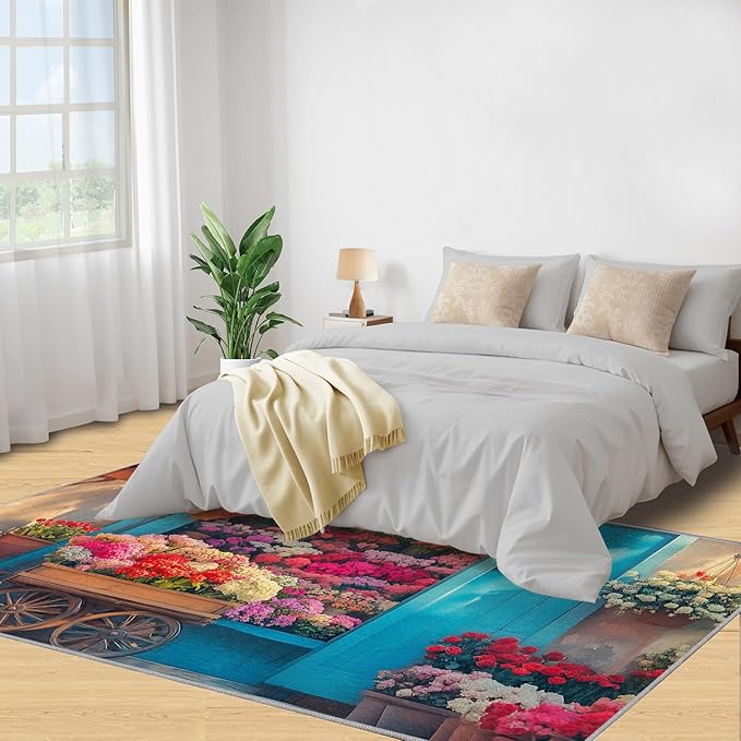 Pastoral Flowers 5x8 Area Rug Colorful Flower Shop Washable Rugs for Living Room Bedroom, Retro Wooden Door Soft Low Pile Non Slip Accent Floor Mat Print Throw Rug Indoor Carpet Dining Room Playroom