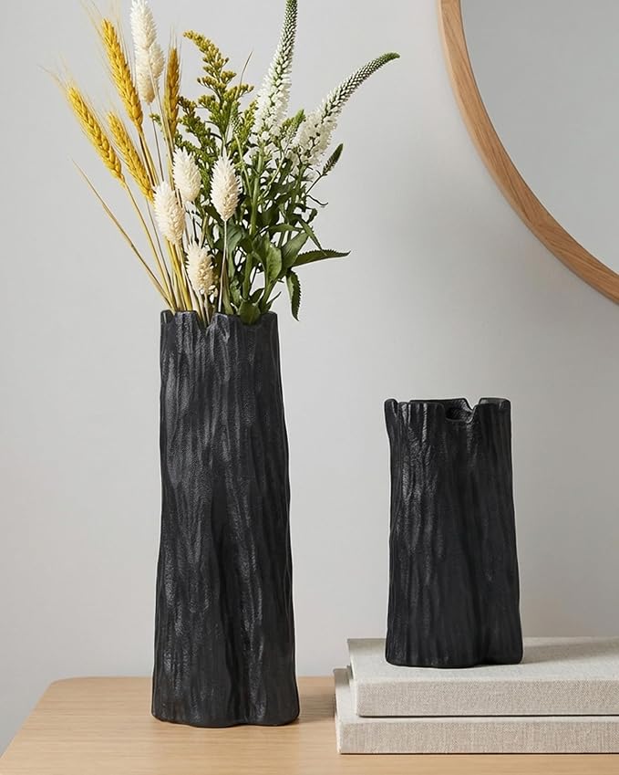 10.7 Inch Matte Black Flower Vase, Organic Nature Shape, OOSTONEE Nordic Modern Style Ceramic Vase, Shelf, Home, Living Room, Coffee Table Centerpiece, Black Vases Home Decor
