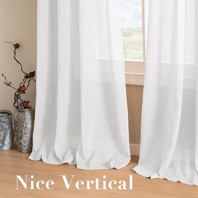 H.VERSAILTEX Natural Linen Semi Sheer Curtains for Living Room Extra Long Curtains Made of Rich Linen Soft Material, Nickel Grommet Window Panel Drapes (Set of 2, 52 by 108 Inch, Pure White)