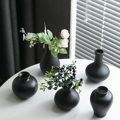 Tanvecle Small Black Vases, Ceramic Bud Vase Set of 5, Mini Pottery Vases for Pampas Grass, Flowers, Decorative Vases for Home Modern Decor, Rustic Decor, Veses for Living Room Dining Table Shelves