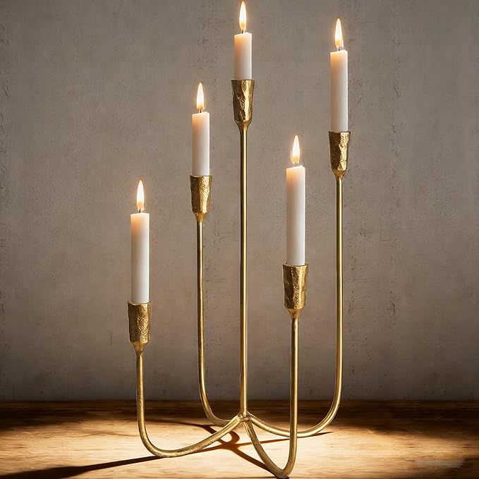 Iron Tabletop Candelabra, Hand-Forged 5-Candle Cast Iron Candle Holder with Elegant Muted Vintage Gold Finish for Dining Room, Living Room, Mantel