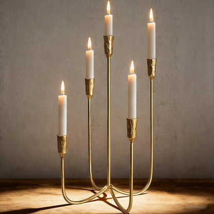 Iron Tabletop Candelabra, Hand-Forged 5-Candle Cast Iron Candle Holder with Elegant Muted Vintage Gold Finish for Dining Room, Living Room, Mantel