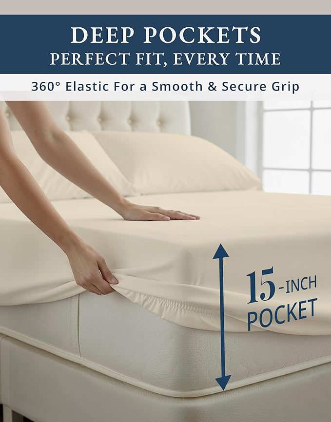100% Egyptian Cotton King Size Sheets Set – Silky Sateen Weave for Warm Winter Comfort, Ultra Soft & Durable Christmas Sheets King Size, Snug Fit 15" Deep Pocket, Luxury Hotel Comfort at Home - Ivory