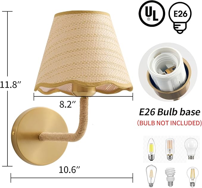 Boho Hand Woven Ratten Wall Sconce, Single Wall Sconce with Grass-Woven Lampshade for Bedroom Living Room Hallway Porch, E26 Base, (Hardwired (1 Pack))