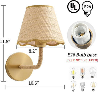 Boho Hand Woven Ratten Wall Sconce, Single Wall Sconce with Grass-Woven Lampshade for Bedroom Living Room Hallway Porch, E26 Base, (Hardwired (1 Pack))