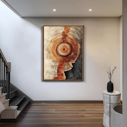 IBHJSART Framed Tree Ring Canvas Wall Art Vintage Colorful Wood Stump Painting Prints Modern Minimalist Pictures Neutral Nature Rustic Farmhouse Decor Living Room Bedroom Bathroom Office