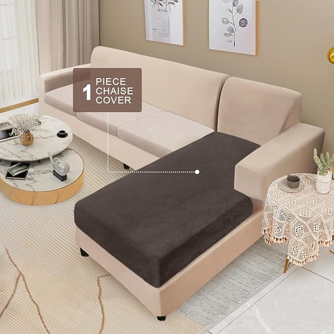 NAISI Sectional Couch Cover 1 Piece Velvet Separate Chaise Lounge Cover Soft Stretch Sofa Slipcovers for Left/Right Chaise Sectional Couch(Chaise Lounge,Brown)