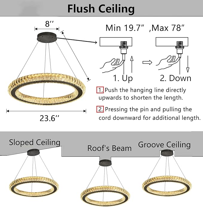 LED Chandelier Modern Dimmable Dining Room Chanderliers Entryway Crystal Ring Pendant Lights for Kitchen Bedroom Living Room Black Light