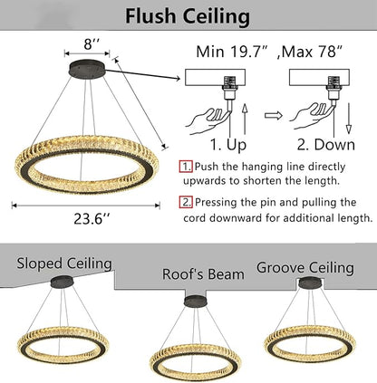 LED Chandelier Modern Dimmable Dining Room Chanderliers Entryway Crystal Ring Pendant Lights for Kitchen Bedroom Living Room Black Light