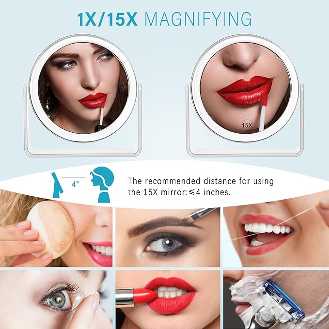 15X Vanity Mirror Makeup Mirror,1X/15X Magnification Double Sided Magnifying Mirror,360 Degree Swivel Desk Mirror,Portable Table Counter top Mirror for Bathroom Shaving Mirror,Gift for Women