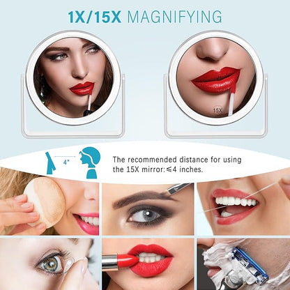 15X Vanity Mirror Makeup Mirror,1X/15X Magnification Double Sided Magnifying Mirror,360 Degree Swivel Desk Mirror,Portable Table Counter top Mirror for Bathroom Shaving Mirror,Gift for Women
