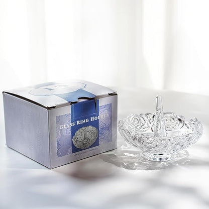 H&D HYALINE & DORA 4”Clear Crystal Ring Holder,Round Glass Ring Dish,Jewelry Rack Ring Holder for Wedding,Jewelry Display Gifts for Mom Wife Girlfriend