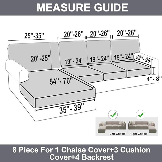NAISI Sectional Couch Covers 8 Pieces Velvet Couch Cushion Covers L Shape Soft Stretch Sofa Slipcovers with 2pcs Pillowcases for Left/Right Chaise Sectional Couch(3 Seater+1 Chaise+4 Back,Light Grey)