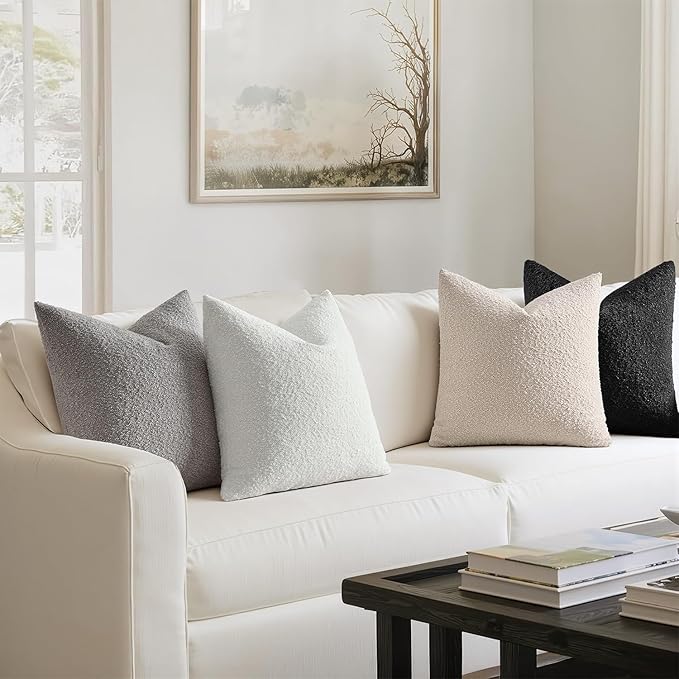 MIULEE Pack of 4 Decorative Textured Boucle Throw Pillow Covers 18x18 Inch Black White Accent Solid Pillow Cases Soft Couch Cushion Covers Modern Farmhouse Boho Chair Sofa Bed Livingroom Home Decor