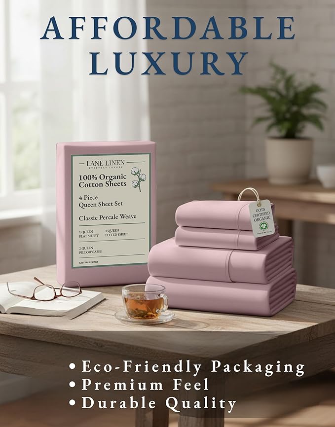 LANE LINEN Eco Friendly 100% Organic Cotton Sheets Queen Size, Mercerized Cotton Fully Elasticized Reinforced Seams Low Pill Fade Resistant Hotel Luxury Bed Sheets Set- Dusty Rose