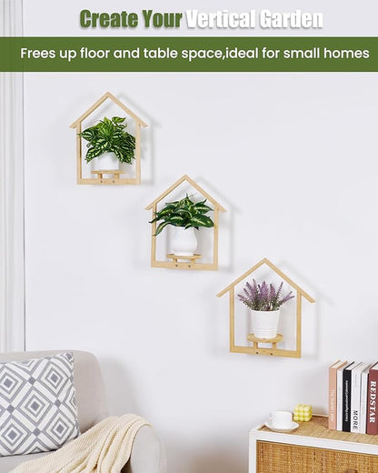 yadoker Wall Planters for Indoor Plants,Bamboo Hanging Plant Holders in a House Shape, Wall Decor Plant Stand, 3-Pack Window Plant Shelves for Living Room & Entryway