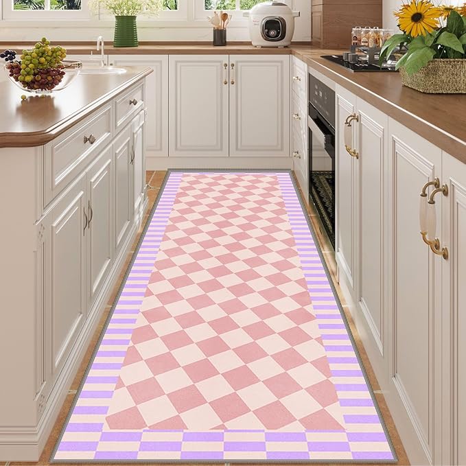 Pink Checkered Long Hallway Rug Runners, 2.6x10ft, Cute Girly Purple Geometric Design Bedroom Carpets for Girls, Fade Resistant Durable Pet Friendly Easy Clean Carpet for Indoor Porch