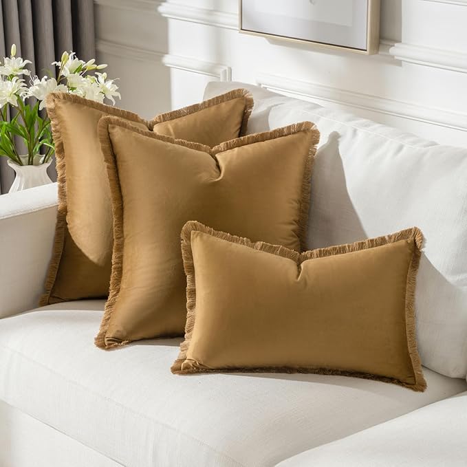 FUTEI Brown Velvet Decorative Throw Pillow Covers 18x18 Set of 2,Soft Cozy Edge with Tassels Cushion Case,Boho Modern Home Decor for Couch Bed Living Room