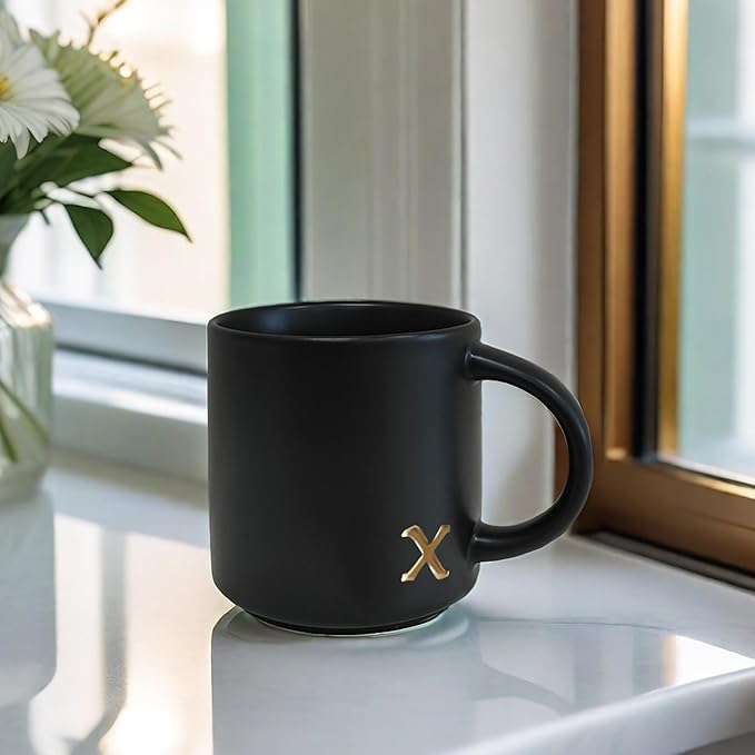 COLLECTIVE HOME - Black Monogram Ceramic Mugs, 15 oz Golden Initial Coffee Cups, Elegant Alphabet Tea Mugs, Personalized Halloween Mug with Gift Box, Perfect for Office and Home Décor (x)