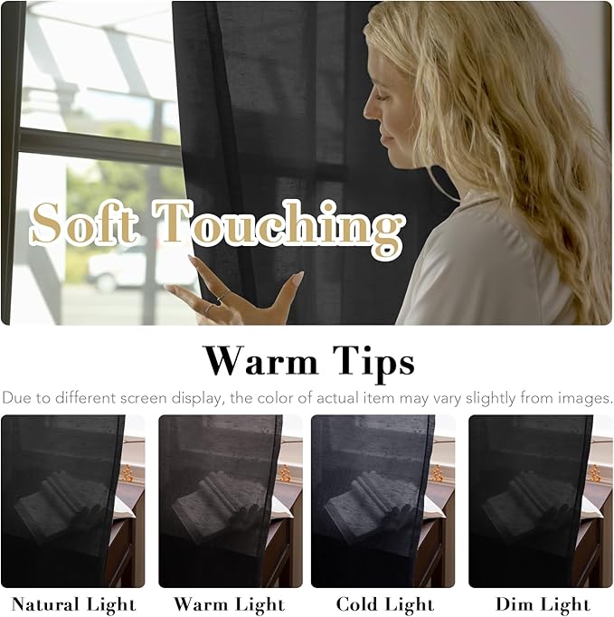 H.VERSAILTEX Linen Curtains Natural Blended Curtain Panels for Living Room/Light Reducing Linen Semi Sheer Curtains 63 inch Length 2 Panels Set Nickel Grommet Window Panels, 52" x 63", Black