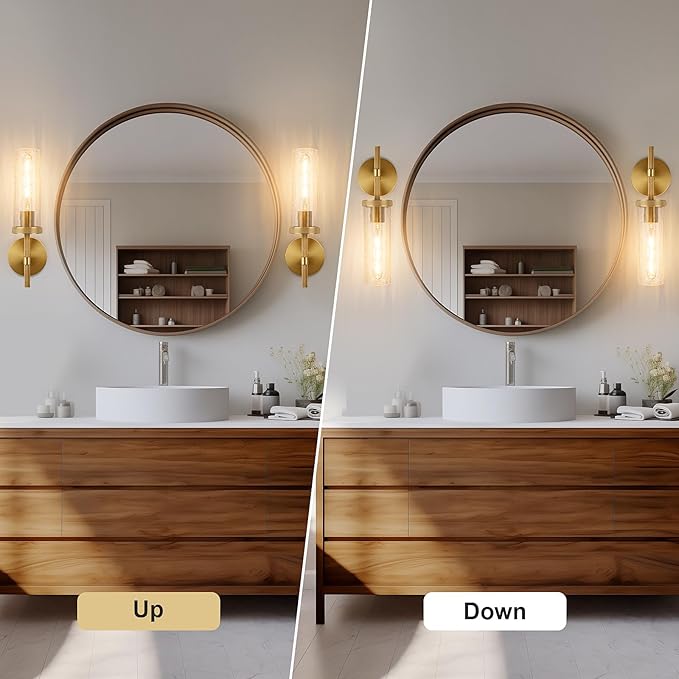 15" Knurled Brass Wall Sconce with Crackle Glass Tube, Gold Bathroom Vanity Light Fixtures, Modern Lamp Lighting for Bedroom, Living Room, Hallway, Staircase, Mirror, Kitchen