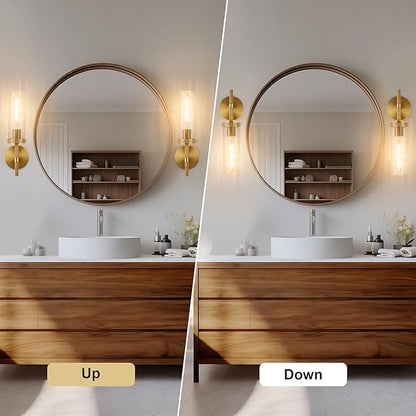 15" Knurled Brass Wall Sconce with Crackle Glass Tube, Gold Bathroom Vanity Light Fixtures, Modern Lamp Lighting for Bedroom, Living Room, Hallway, Staircase, Mirror, Kitchen