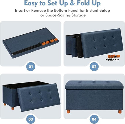 PINPLUS Linen Coffee Table Ottoman with Tray, Large Storage Bench with Wooden Legs, Chest Foot Stools, Ottomans for Living Room Bedroom, Blue, 30" x 15" x 15"