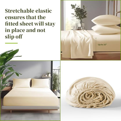 Shilucheng 100% Viscose Derived from Bamboo_ Sheets Cal King Size 4pcs - Ultra Cooling & Silky Soft Bed Sheets, 16" Deep Pocket, Perfect for Hot Sleepers, Hotel Bedding Sheets (Beige)