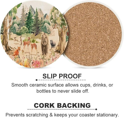 Round-6PCS Forest Ceramic Coasters,Absorbent Drink Coasters, Retro Mountain Forest Nature Tree Woodland Flower Animal Bear, Deer Ceramic Table Coasters for Coffee, Beverage, Wine, Beer Coasters