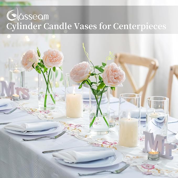 Glasseam Clear Cylinder Vase Set of 6, Modern Glass Vases for Centerpieces, Floating Candle Vases for Decor, Decorative Hurricane Candle Holders for Pillar Candles Wedding Table Decorations, 8in