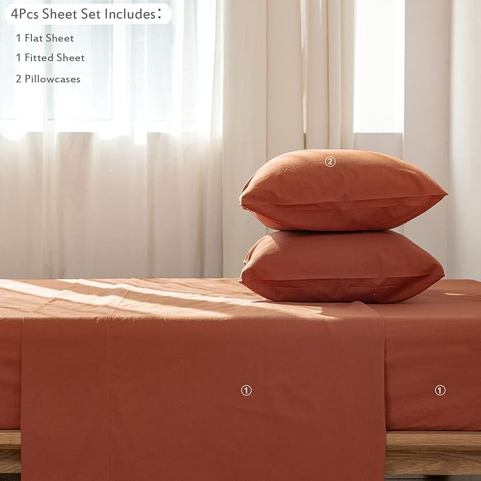 MooMee Bedding Sheet Set 100% Washed Cotton Linen Like Textured Breathable Durable Soft Comfy (Solid Rust Brown, Full)