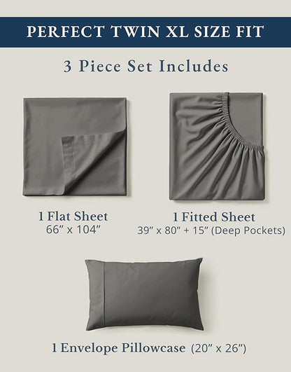 LANE LINEN 100% Organic Cotton Twin XL Sheets Set, Hotel Like Crisp Percale Low Pill Fade Resistant Reinforsed Seam Cotton Sheets, Perfect for Hospital Bed & Dorm Room Extra Long Twin- Charcoal