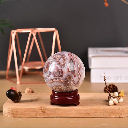 JIC Gem Striped Agate Crystal Ball with Wooden Stand Healing Crystal Sphere Ball for Feng Shui Decor Spiritual Gifts 60-70mm
